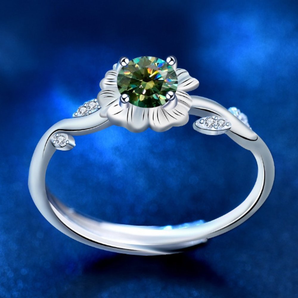 Certified 1/2ct. t.w. Green Moissanite Diamond Sunflower Ring NEW - Picture 4 of 8